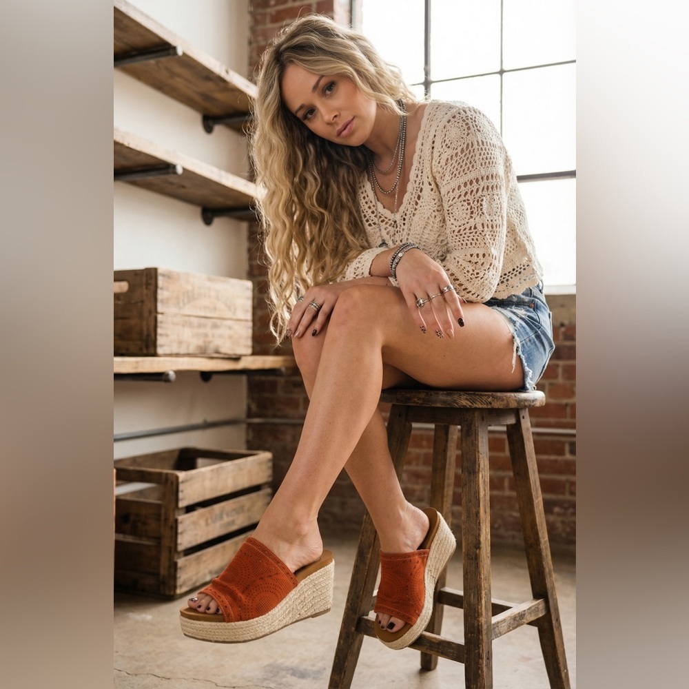 NIB Boho Festival Very G Marie Espadrille Rust Eyelet Wedge Sandals - Picture 2 of 6
